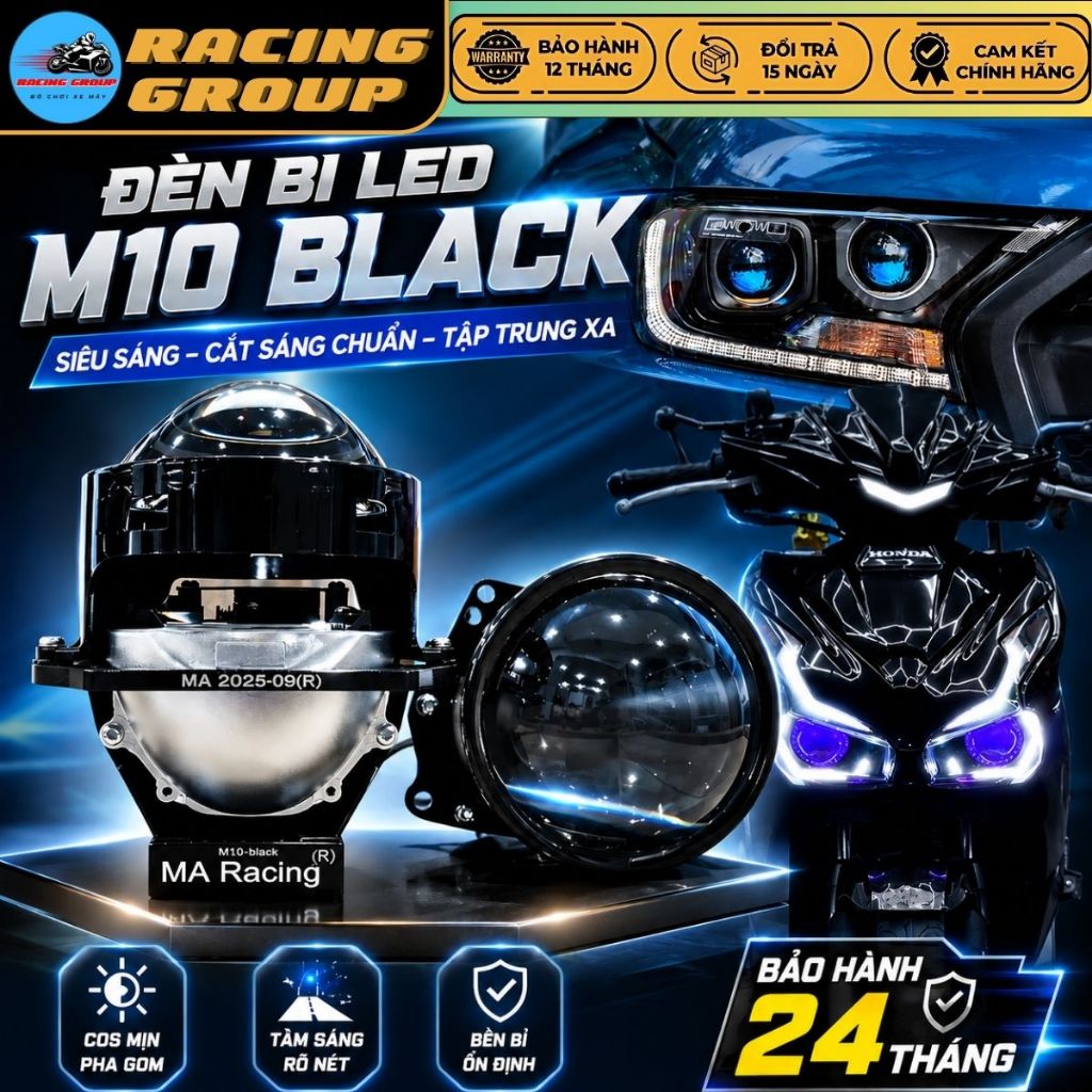 Đèn Bi Cầu Led M10 Black, M10 V4S Chính Hãng Ma Racing Công Suất 65W Lắp Xe Máy Và Ôtô - BH 2 Năm
