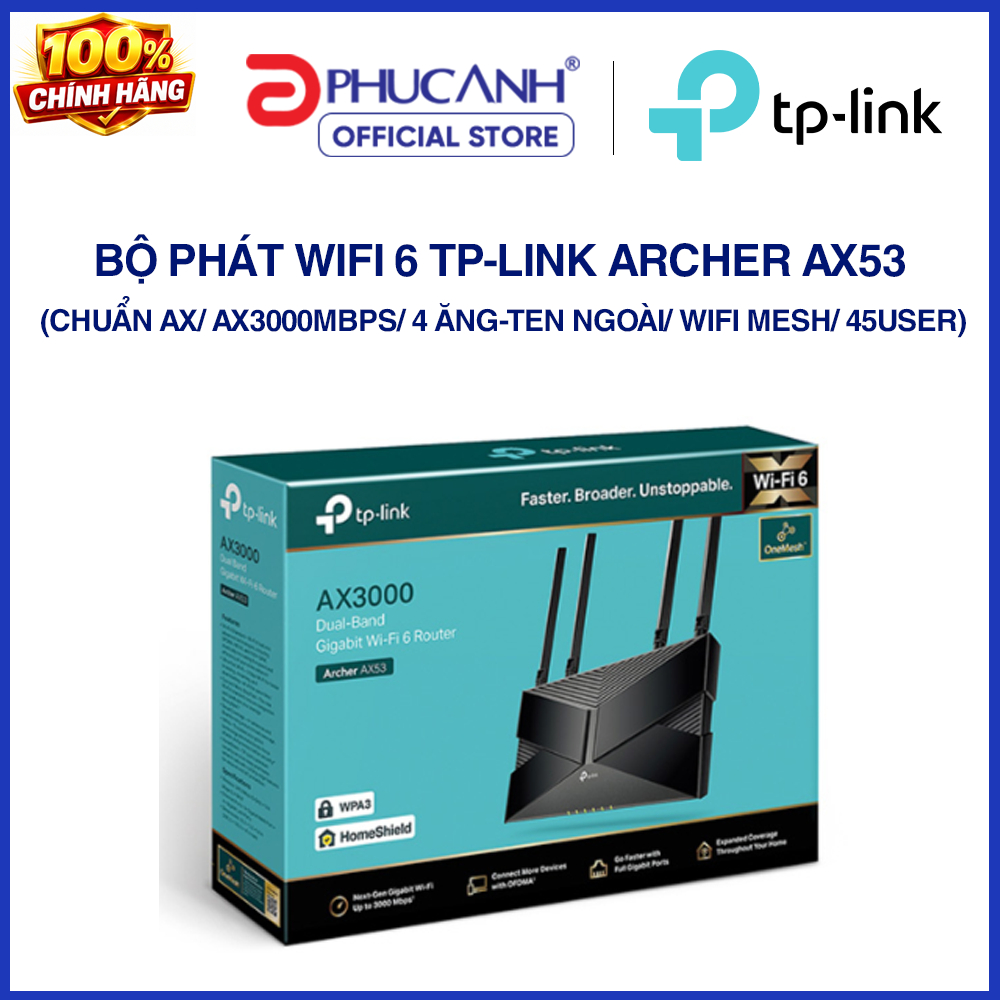 Bộ phát wifi 6 TP-Link Archer AX53 (Chuẩn AX/ AX3000Mbps/ 4 Ăng-ten ngoài/ Wifi Mesh/ 45User)