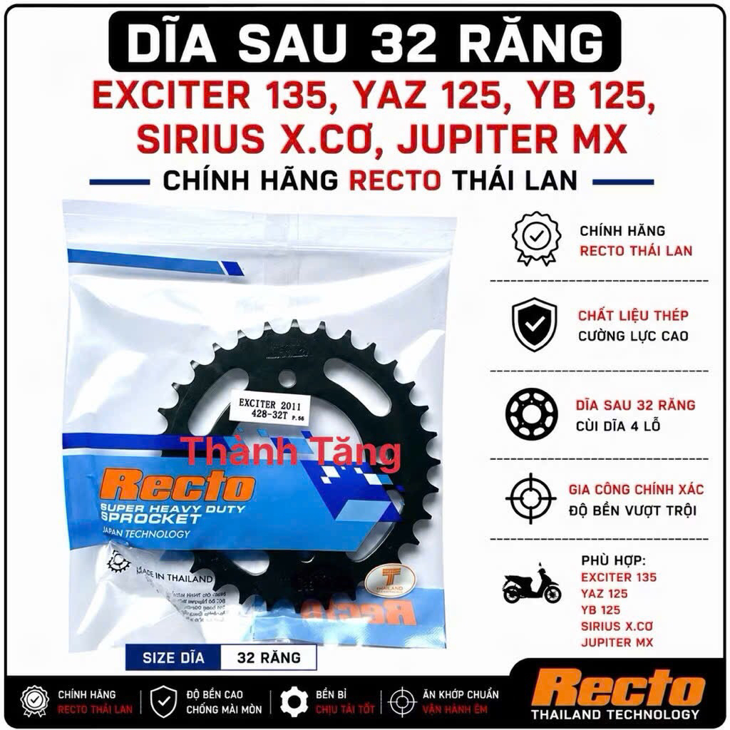 Dĩa sau 32 răng exciter 135,yaz 125,yb 125,sirius x.cơ,jupiter mx,exciter 2011-2012-2013,exciter 201