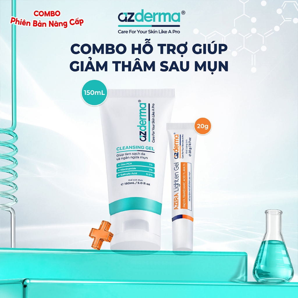 [Azderma] Combo hỗ trợ giúp giảm thâm sau mụn Cleansing Gel Azderma 150mL - Azera Lighten Gel Azderm