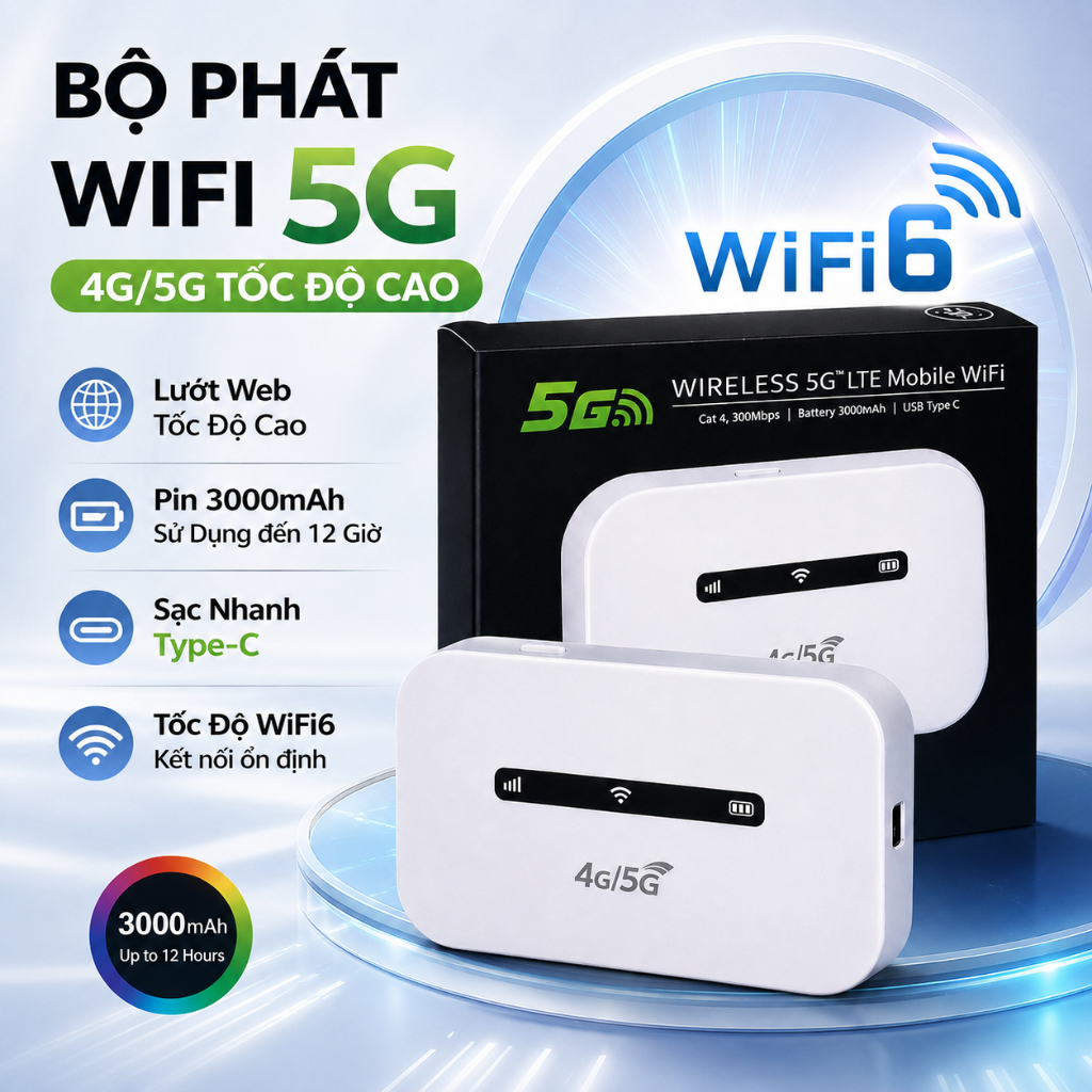 WiFi 5G Di Động Bộ Phát WiFi 4G 5G Router Không Dây Modem WiFi Pin 3000mAh Sạc Type C Cho Học Tập Là