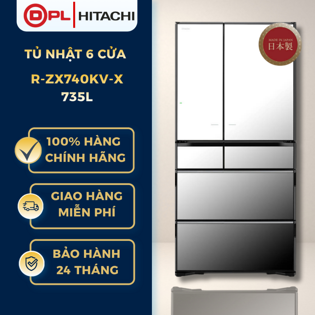 Tủ lạnh 6 cánh Hitachi 735 lít R-ZX740KV-X - Mặt gương pha lê - Ngăn chân không - Inverter