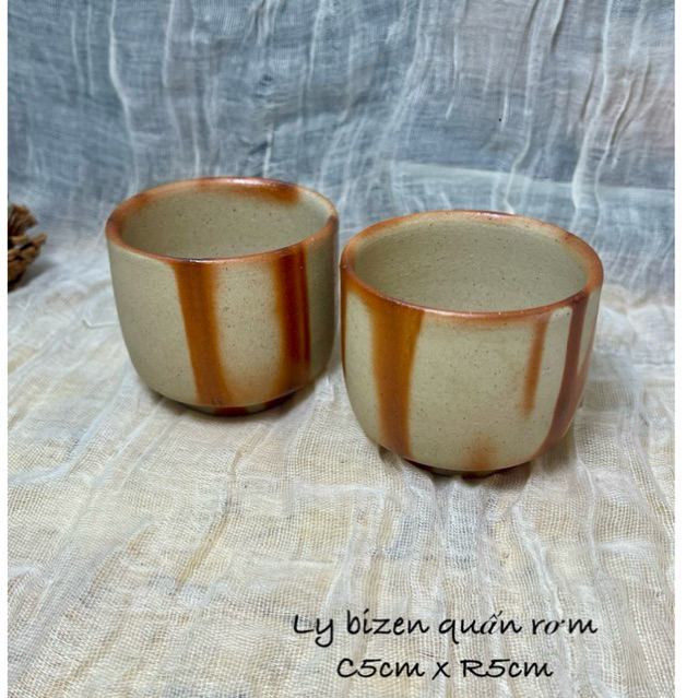 Cặp Ly Uống Trà Bizen Quấn Rơm Nhật Bản Thủ Công 5x5cm - Ly Gốm Bizen Men Tro Mộc Mạc Uống Trà, Matc