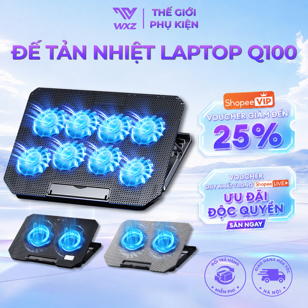 Đế Tản Nhiệt Laptop Q100 8 Quạt Siêu Mát, Giá Đỡ Gấp Gọn 4 Mức Cao Tản Nhiệt Nhanh, Quạt Êm Chống Ồn