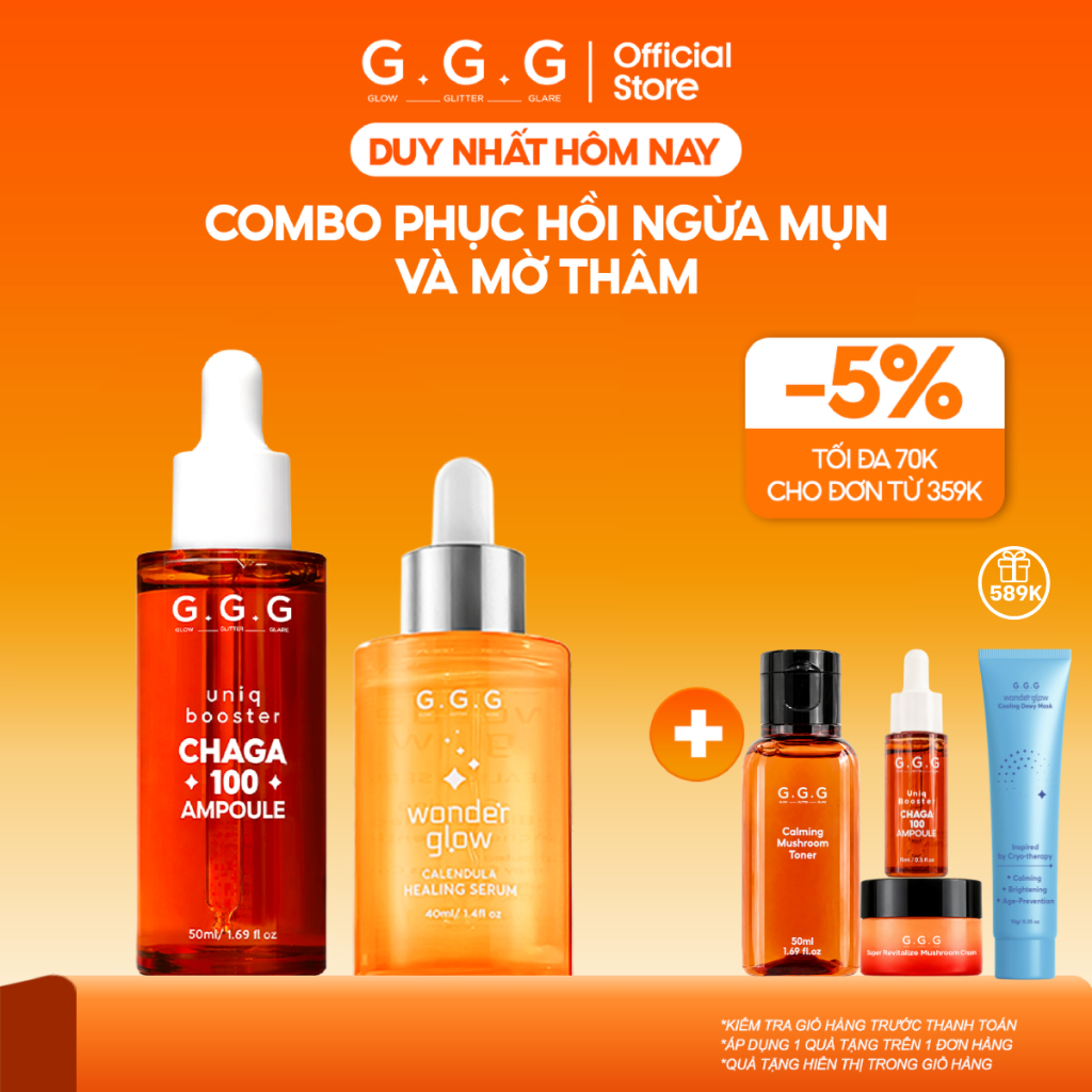 Combo Tinh Chất Phục Hồi Da Khỏe & Mờ Thâm Giảm Mụn GGG Booster Chaga 100 Ampoule 50ml & Healing Ser