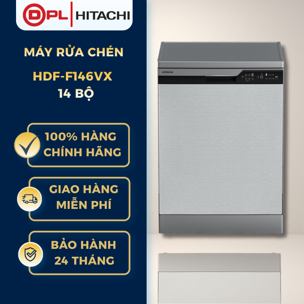 Máy rửa chén độc lập 14 bộ Hitachi HDF-F146VX - Màu thép không gỉ, Tiết kiệm nước & điện