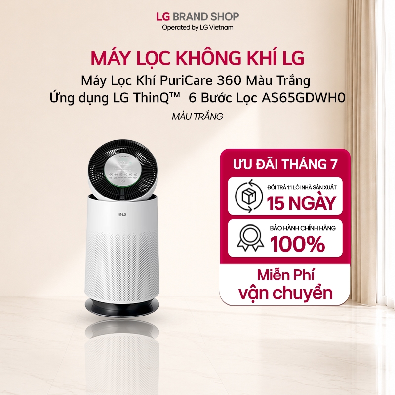 [Chỉ giao miền Bắc] AS65GDWH0.ABAE - Máy Lọc Khí PuriCare 360 Màu Trắng - Ứng dụng LG ThinQ™ - 6 Bướ