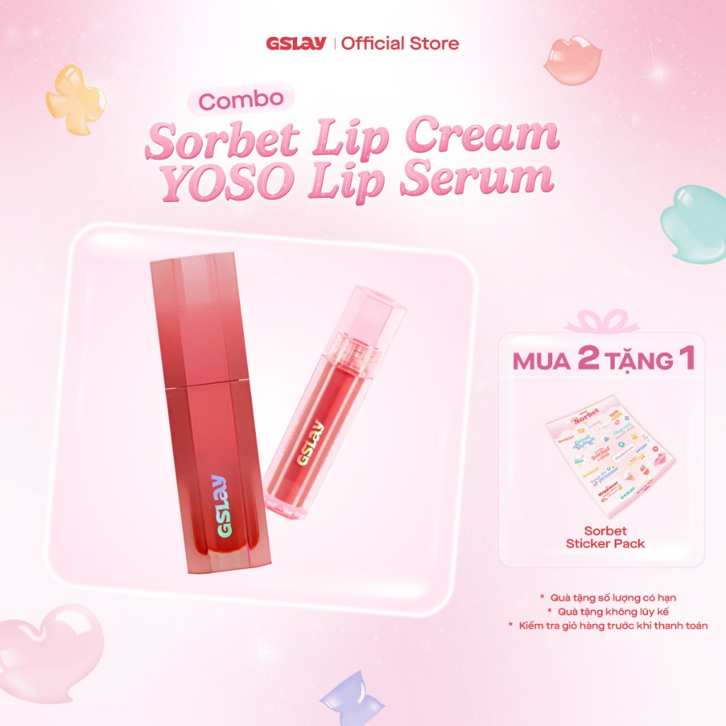 Combo GSLAY Sorbet Lip Cream mịn lì thuần chay che phủ rãnh môi (4g) & GSLAY YOSO Lip Serum dưỡng ẩm