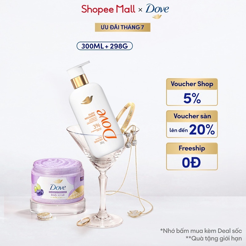 Combo Sữa tắm Dove Serum Dưỡng da chuyên sâu 300ml + Tẩy Da Chết Dưỡng Ẩm Dove 280g