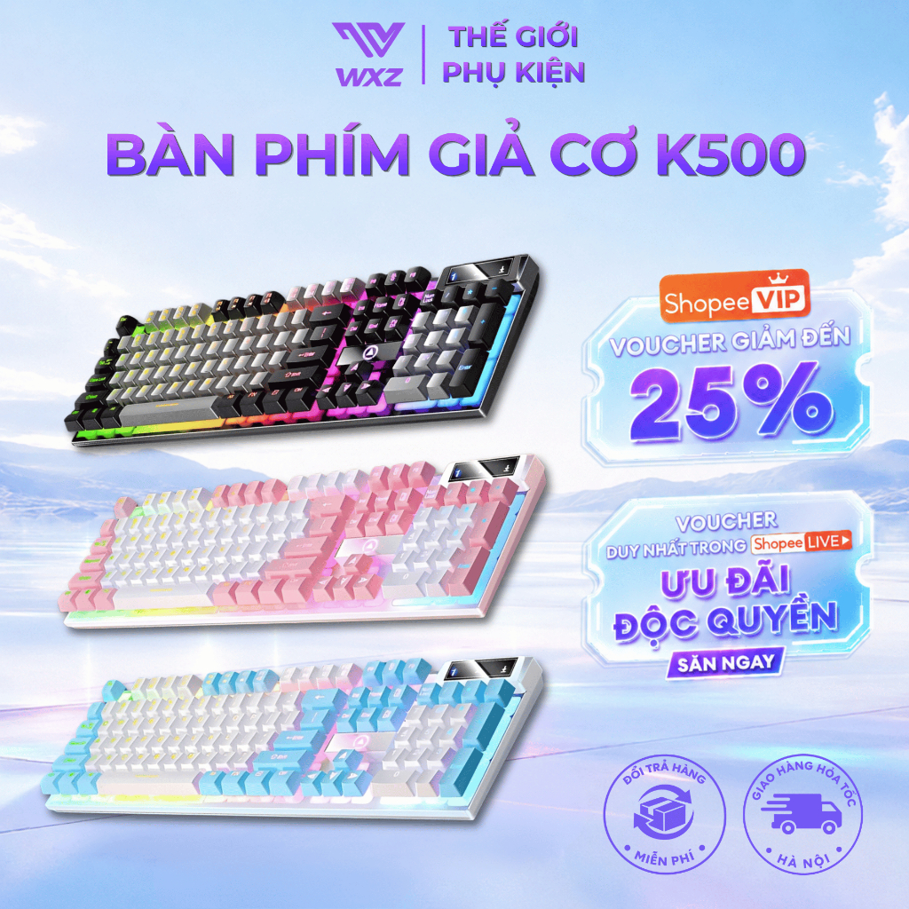 Bàn Phím Giả Cơ Gaming K500 Fullsize 104 Phím LED Rainbow, Gõ Êm, Bàn Phím Có Dây Cho PC Laptop