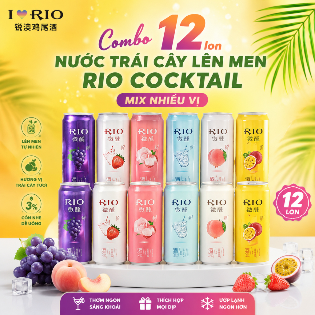 Com bo 12 lon nước trái cây lên men Rio Coktail mix nhiều vị 330ml/lon