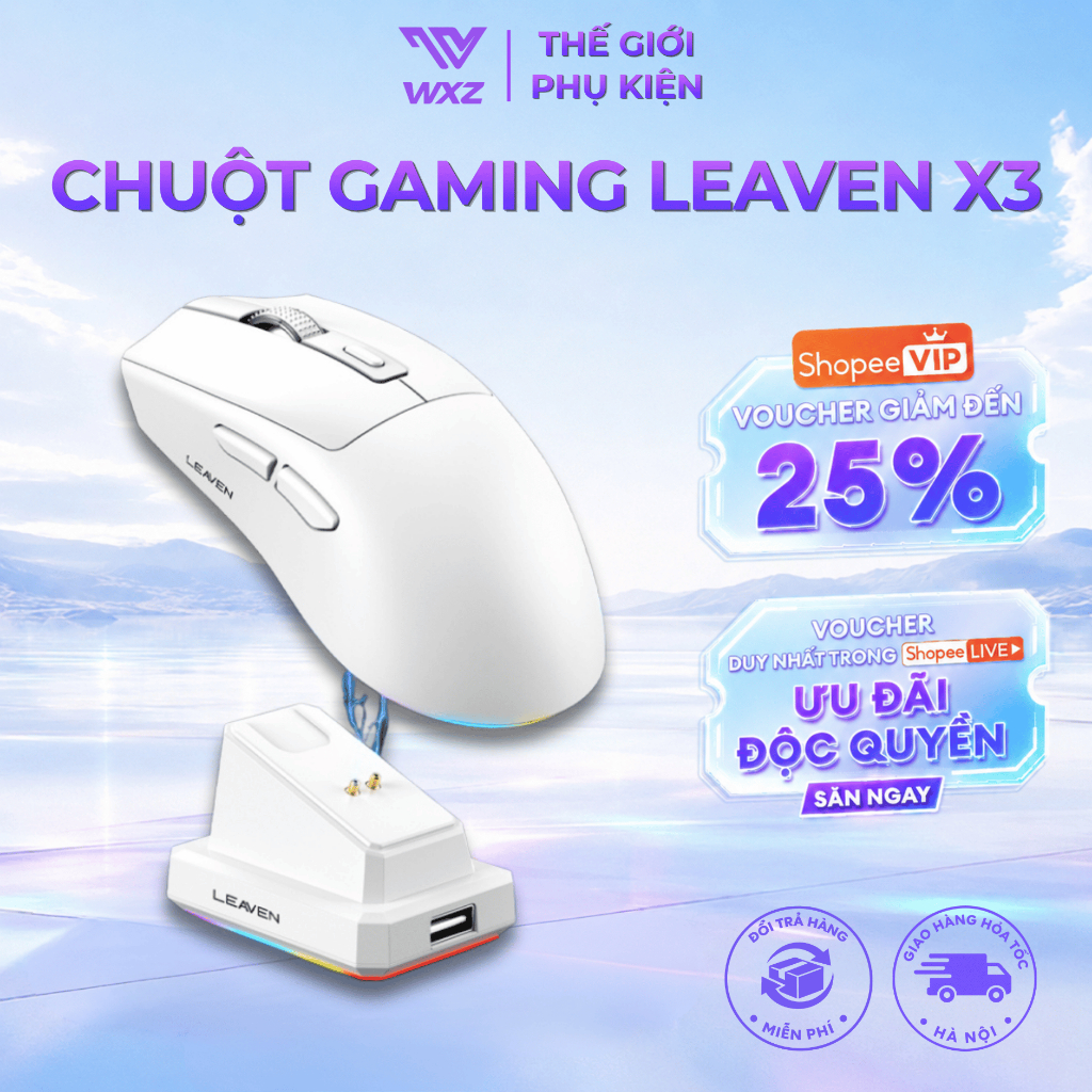 Chuột Gaming Leaven X3, LED RGB, Độ Nhạy Cao 1600 DPI, Thiết Kế Công Thái Học, Có Dock Sạc Không Dây