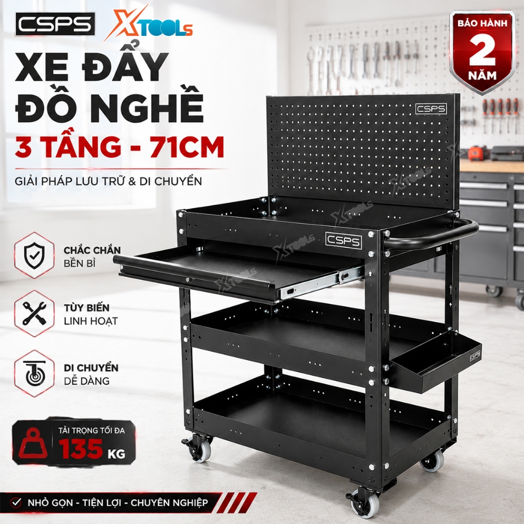 Xe đẩy 3 tầng CSPS 2 màu đen/đỏ Tủ đồ nghề di động đa năng xuất khẩu Mỹ tải 136kg 4 bánh xoay có khó