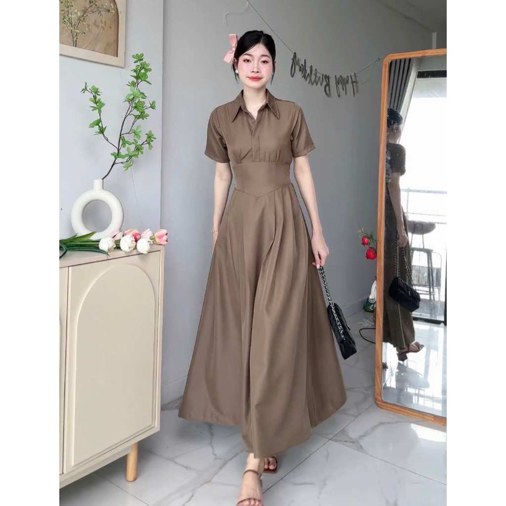 MÃ HÀNG 01 - ĐẦM SƠ MI | CỔ V TAY NGẮN DÁNG DÀI WOMEN TOP DRESS (Bo chun lưng có túi) - TŨM clothing
