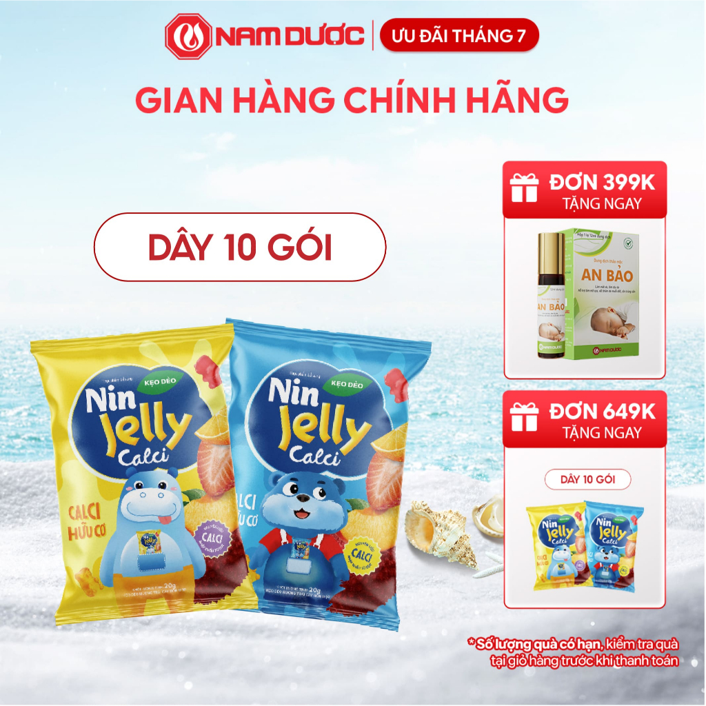 Thực phẩm bổ sung KẸO DẺO NIN JELLY CALCI Dây 10 túi x 20 g, bổ sung calci hữu cơ cho bé