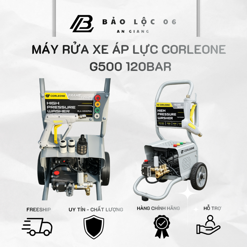 Máy Rửa Xe Corleone G500 Plus Khung Xe Đẩy – Động Cơ Cảm Ứng Từ 220V – Áp Lực 120 Bar