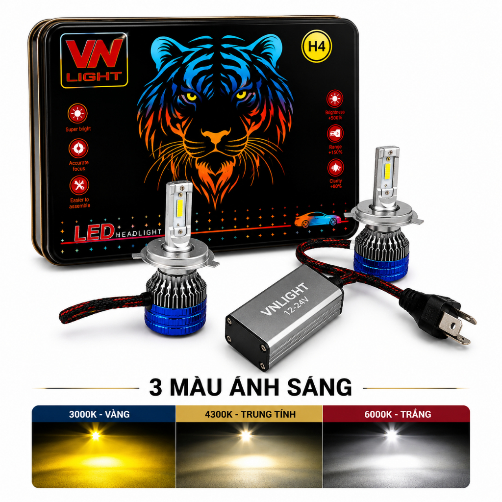 Đèn Pha LED N30-V2 H4 VNLIGHT 3 Màu Trắng, Vàng, Trung Tính, Lắp Zin, Dễ Lắp Đặt