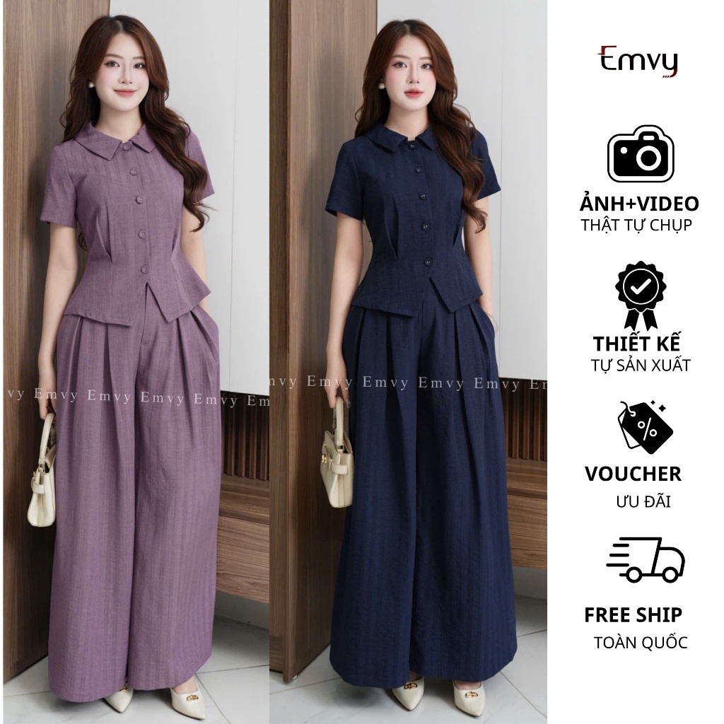 Set Áo Peplum Và Quần Suông Ống Rộng: Chất vải kate vân nổi form sang chảnh, che bụng tốt Emvy Fashi