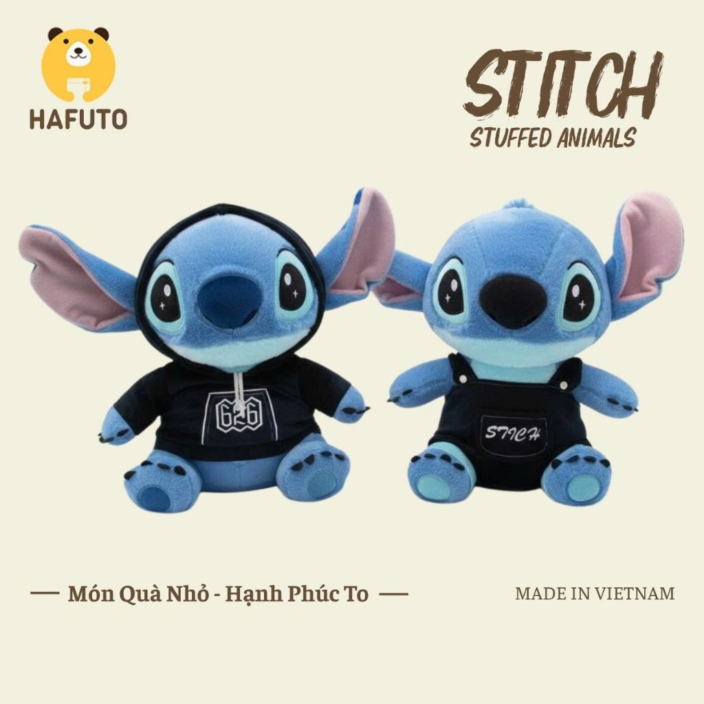 Gấu bông stitch xanh mặc quần áo dễ thương, Gấu nhồi bông stitch lông thỏ cao cấp Hafuto