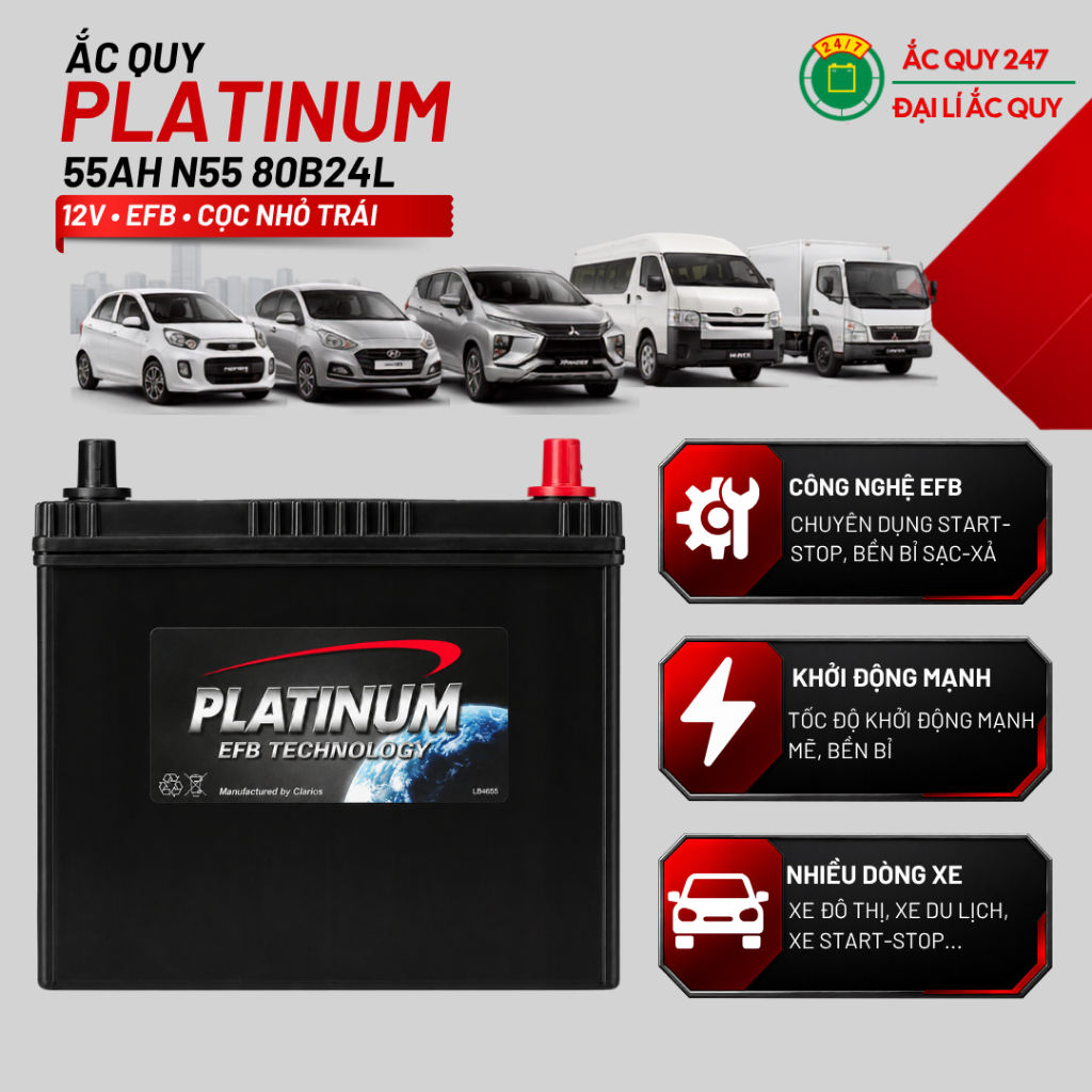 Ắc quy Platinum EFB 55Ah N55 80B24L 12V cọc trái miễn bảo dưỡng Hàn Quốc chính hãng