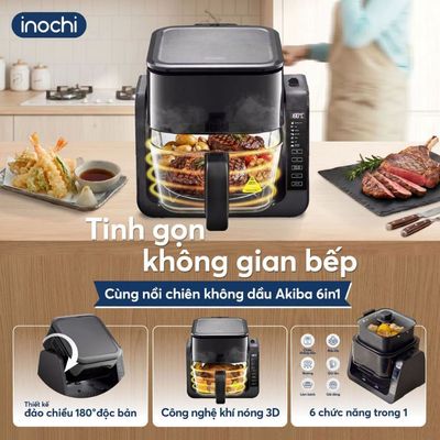 inochi Nồi Chiên Không Dầu 6in1 Inochi Akiba - Nồi chiên đa năng nướng lật đảo chiều, lồng kính trong suốt