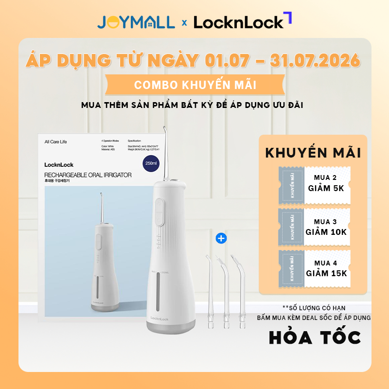 Máy tăm nước không dây LocknLock ENR154WHT 250ml, Hàng chính hãng, 4 chế độ, pin 2000mAh - JoyMall
