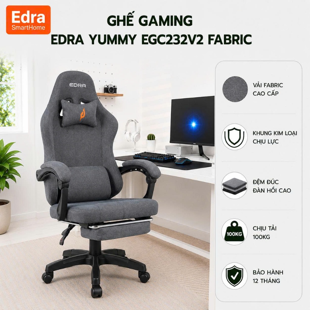 Ghế gaming Yummy chống mỏi cổ vai gáy EDRA, ghế xoay công thái học bọc vải Fabric cao cấp, dễ vệ sin