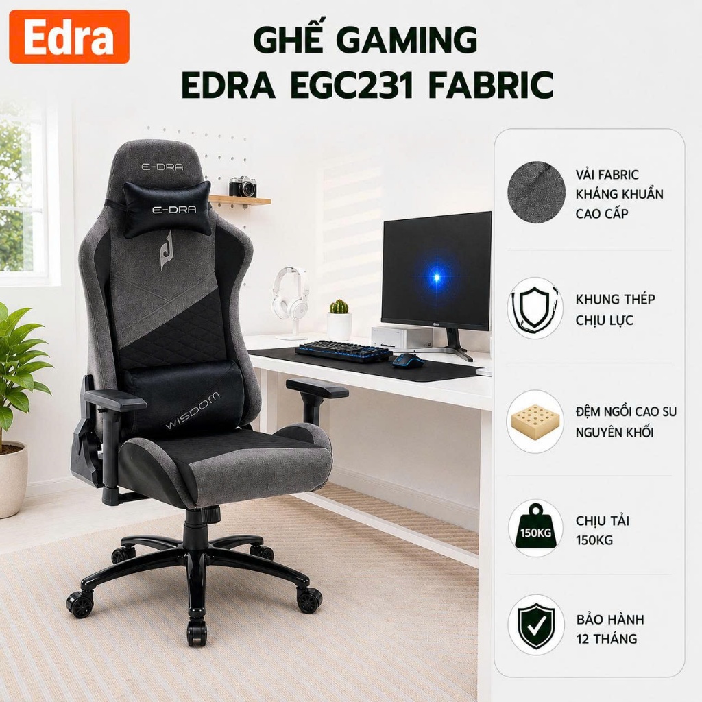 Ghế văn phòng thiết kế dạng xe đua EDRA, ghế chơi game Wisdom khung thép có gối cổ và lưng EGC231 Fa