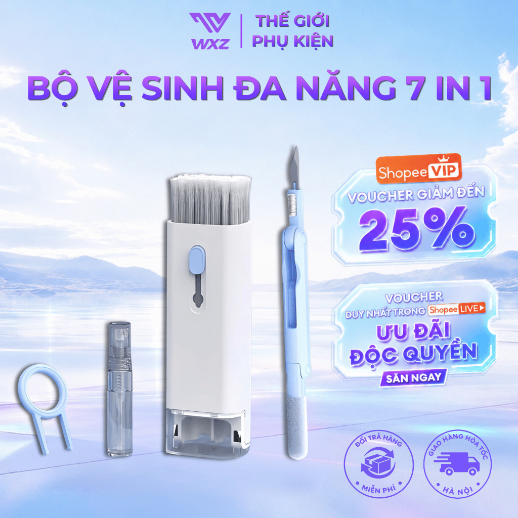 Bộ Vệ Sinh Đa Năng 7in1, Dụng Cụ Vệ Sinh Làm Sạch Bàn Phím, Tai Nghe, Màn Hình, Laptop, Điện Thoại