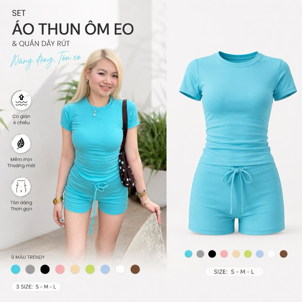 Set Áo Thun Ôm Eo Kèm Quần Short Dây Rút Nữ Co Giãn 4 Chiều Basic Hàn Quốc 3 Size S M L 9 Màu Trendy | BigBuy360 - bigbuy360.vn