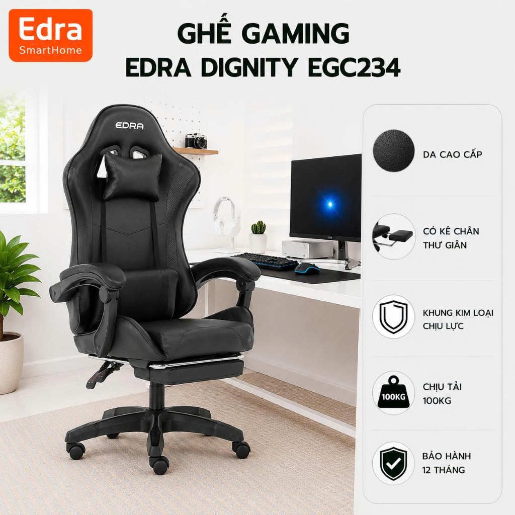 Ghế gaming công thái học Dignity EDRA, ghế văn phòng ngả lưng có kê chân giảm cảm giác tê chân EGC23