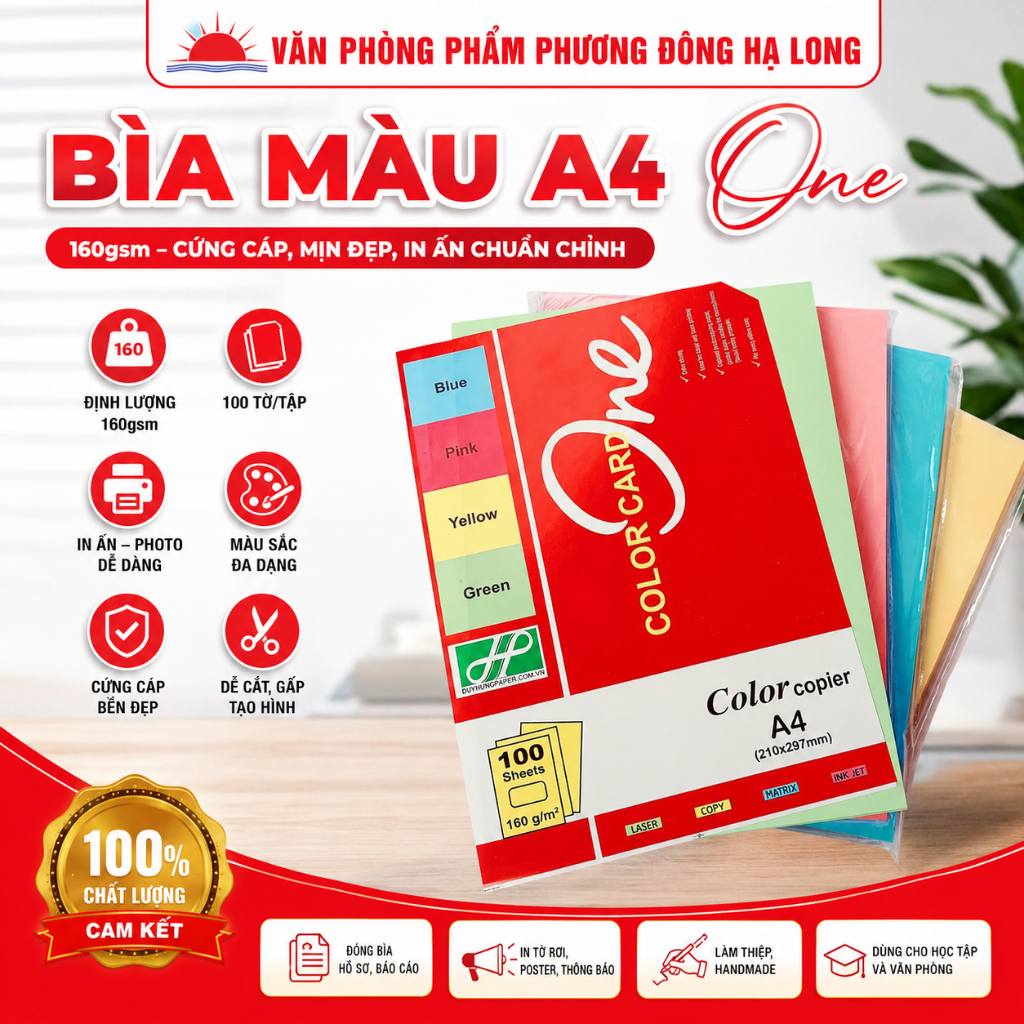 Combo 1 Bó 10 Ram Bìa Màu A4 One 160gsm 100 Tờ/Tập Giấy Bìa Cứng Đóng Hồ Sơ Luận Văn