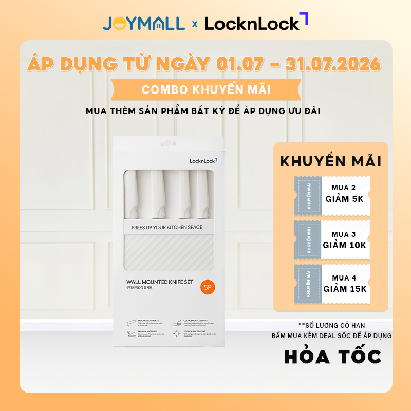 Bộ Dao Nhà Bếp 5 Món LocknLock Wall Mounted Knife Set CKK307S5, Hàng Chính Hãng, Có Hộp Đựng Dán Tre
