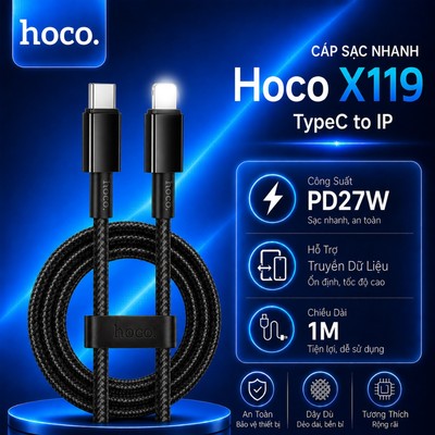 Cáp sạc nhanh PD27W Type-C to IP Hoco X119 hỗ trợ truyền dữ liệu dùng cho 14 trở xuống , dài 1M