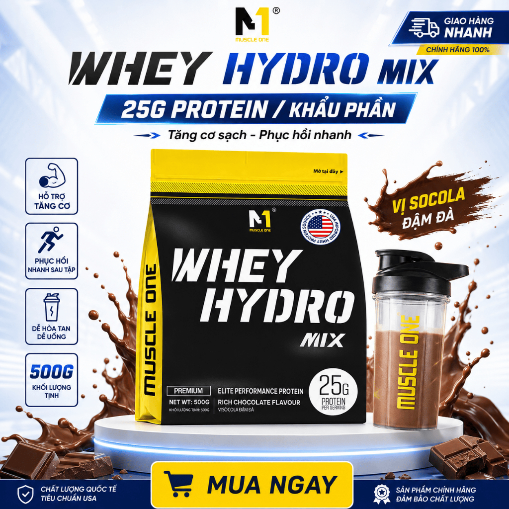 WHEY HYDRO MIX 500g – Whey Thủy Phân 25g Protein – Whey Protein Tăng Cơ Phục Hồi Nhanh – MUSCLE ONE