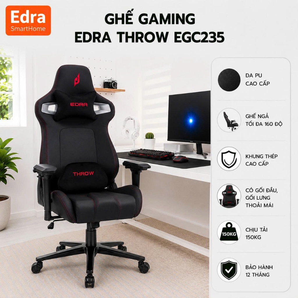 Ghế gaming Throw hỗ trợ cột sống EDRA, ghế văn phòng chân hợp kim cao cấp, dễ dàng vệ sinh EGC235