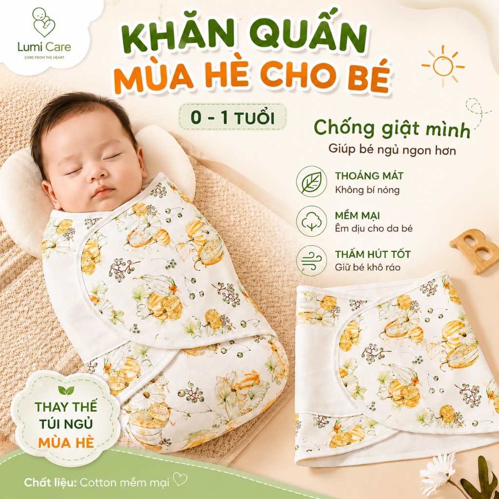 Khăn quấn ủ mùa hè thay thế túi ngủ, ngủ ngon, chống giật mình cho bé Lumi Care - HT851- HT852