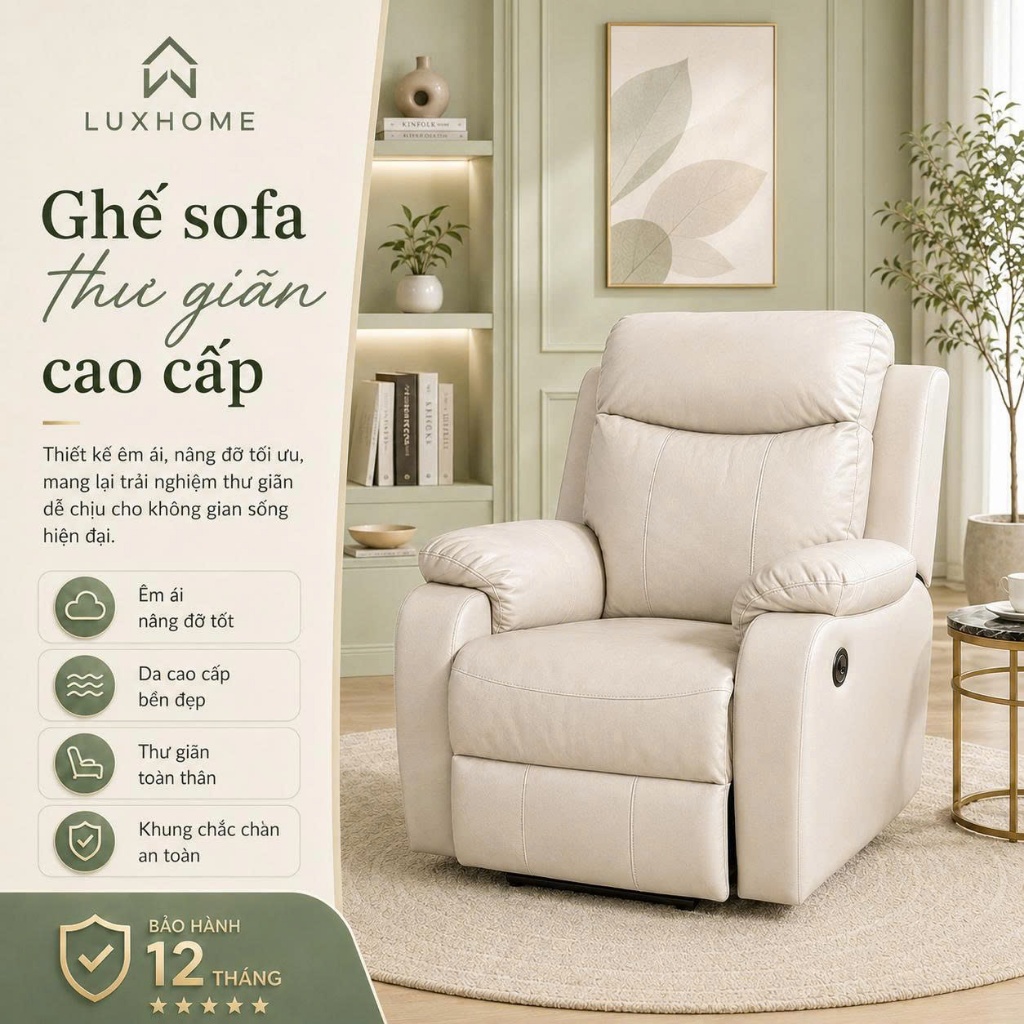 Ghế sofa đơn thư giãn cao cấp, ghế sofa lười phòng khách ngồi giải trí đọc sách coi phim ngả lưng M2