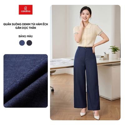 Quần jean nữ CARDINA dáng suông túi hàm ếch gân dọc thân 6QJT16