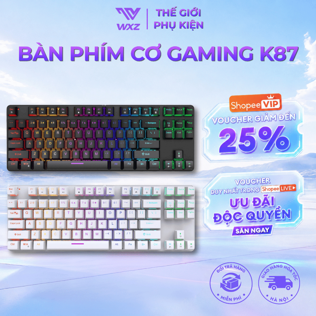 Bàn Phím Cơ K87 Pro RGB 87 Phím – Blue Switch Clicky, LED 16 Mode, Keycap Xuyên Đèn Chống Nước