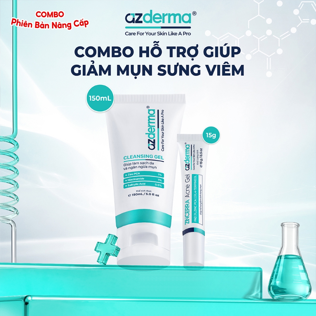 [ Azderma] COMBO Hỗ Trợ Cho Da Mụn: Azderma Zincerra Acne Gel 15g & Cleansing Gel Azderma 150ml