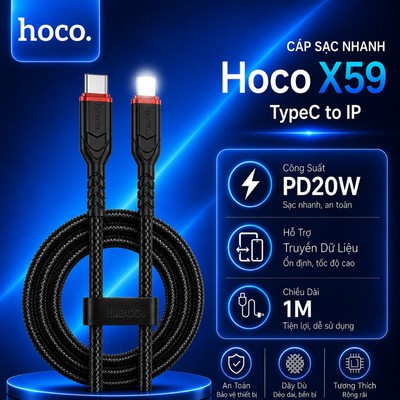 Cáp sạc nhanh PD20W TypeC to IP Hoco X59 dùng cho 14 trở xuống, dây dù siêu bền dài 100cm