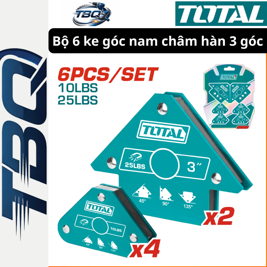 Bộ 6 Ke Góc Nam Châm Hàn TOTAL TAMWH6002 (4 Mini & 2 Cái 3 Inch) - Lực Hút Mạnh 25Lbs/10Lbs