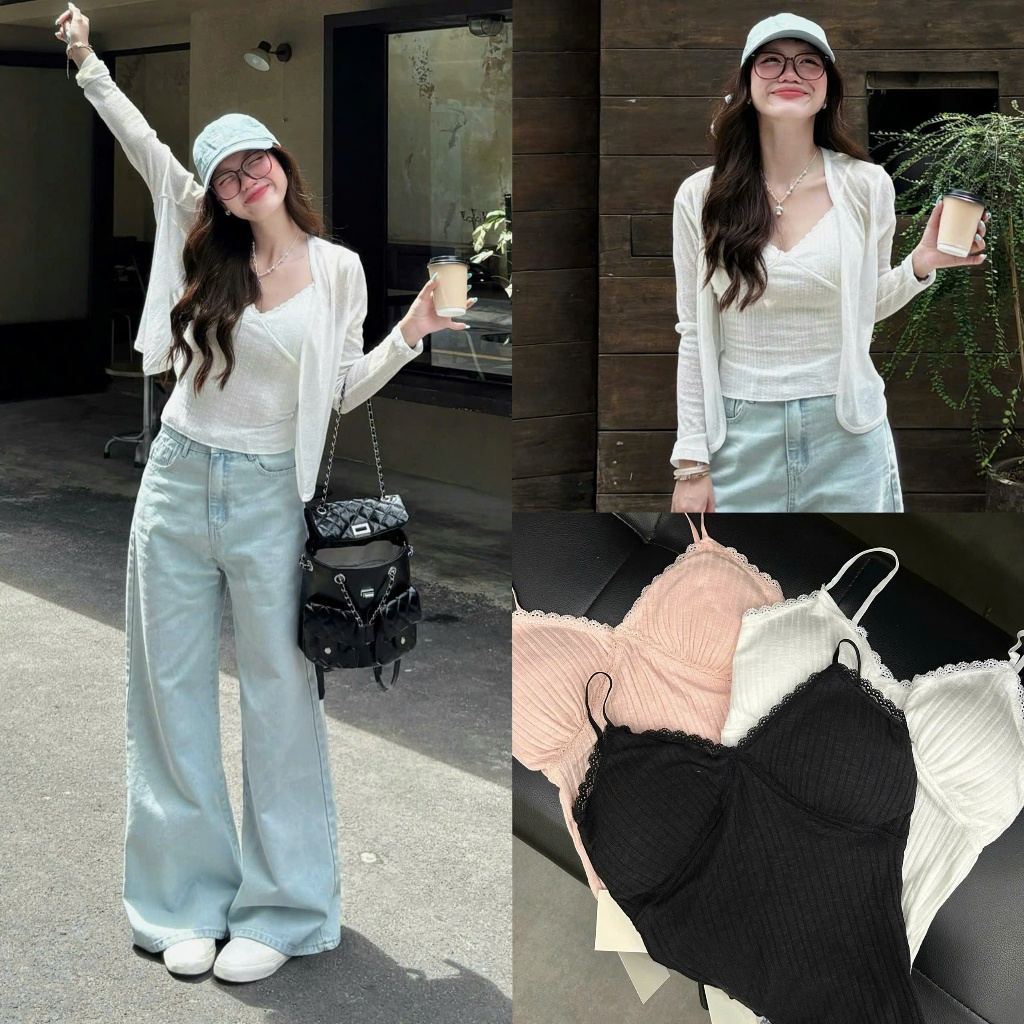 (ẢNH OLDSCHOOL)(SẴN MÚT ĐỆM) Áo 2 dây kèm mút đệm QC viền ren xẻ V QC6833 Oldschool
