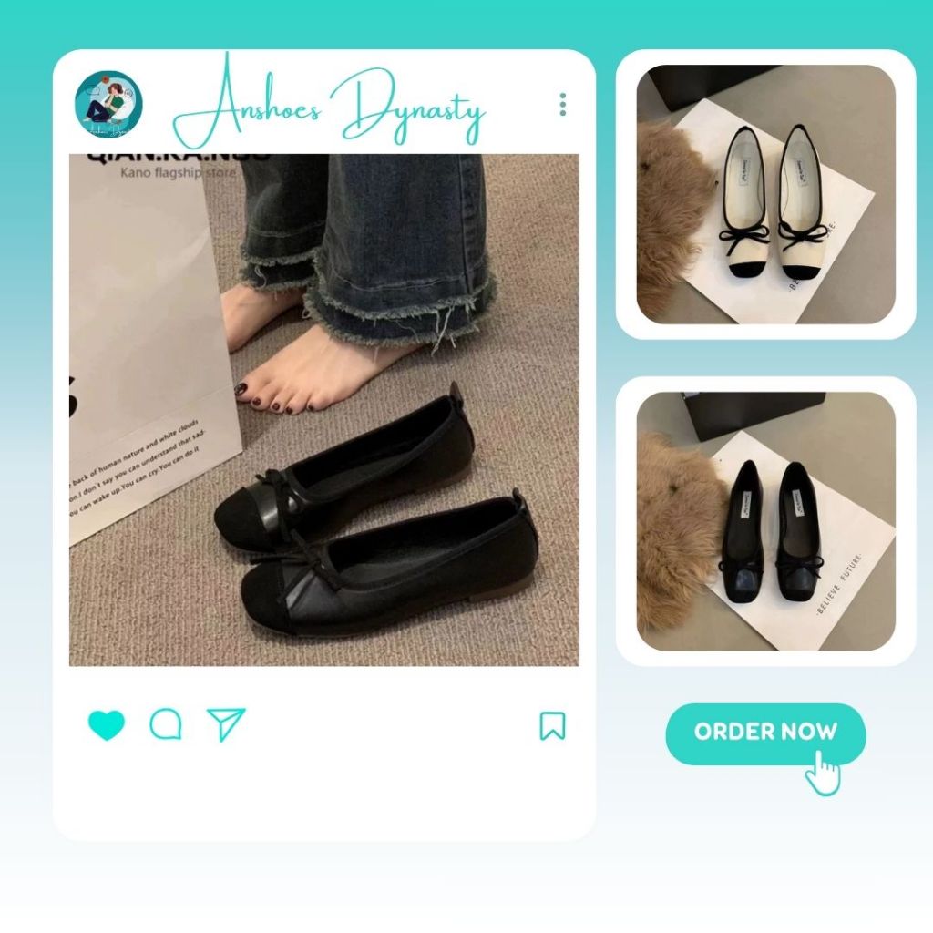 Giày Búp Bê Nữ, Giày Nữ Búp Bê Nơ Vá Mũi Dễ Thương Tiểu Thư Màu Đen N07 || AnshoesDynasty