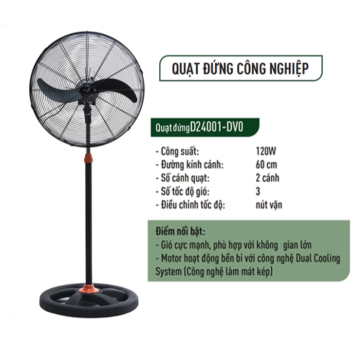 Quạt cây công nghiệp ASIA Vina D24001 120W cánh 60cm - Gió mạnh cho xưởng/kho/quán - BH 24 tháng