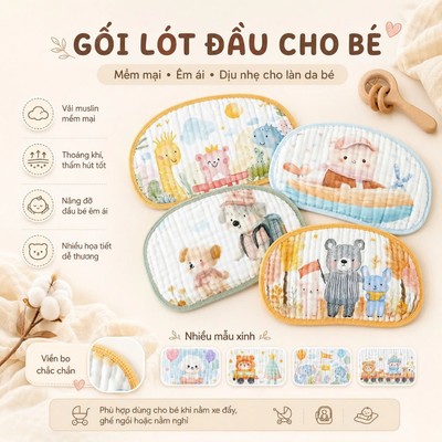 Gối Lót đầu Xô Muslin cao cấp 12 lớp dày dặn, mềm mại, êm ái cho bé KidAndMom Lót đầu cho bé sơ sinh