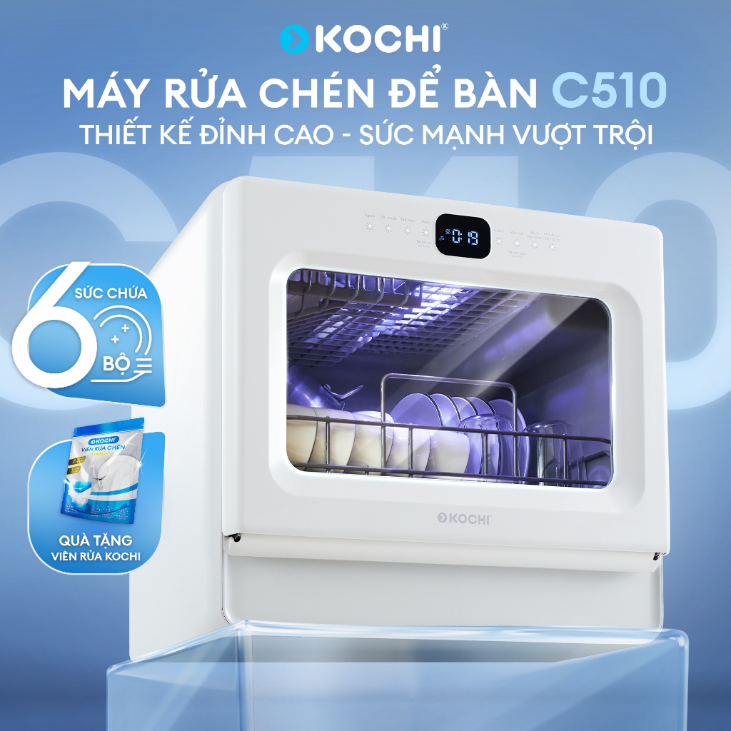 [Mới] Máy Rửa Chén Để Bàn KOCHI C510 - 6 Bộ - Cửa trong suốt - Rửa Nước Nóng 75°C - Sấy PTC -Không C
