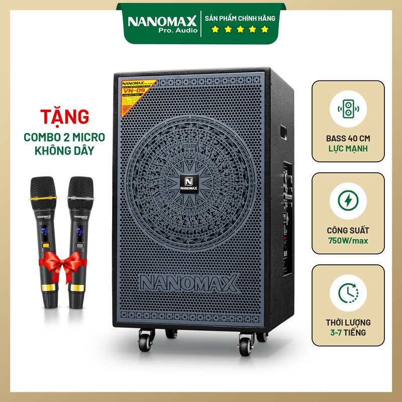 Loa kéo Nanomax VN-09 Loa Bass 40 cm, công suất 750W, Karaoke Bluetooth 5.0, Reverb 2026