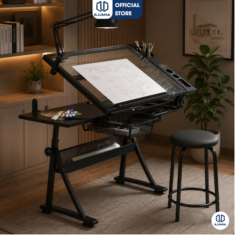 Bàn vẽ kỹ thuật mặt kính cường lực tuỳ chỉnh góc nghiêng kèm đèn kẹp đầy đủ công năng ILUMIA - GN87
